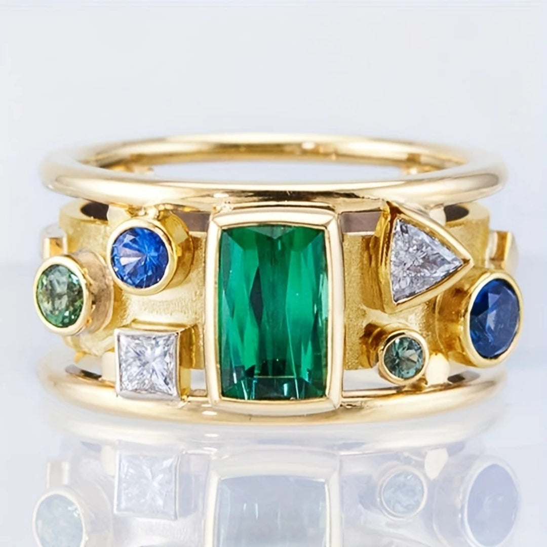 Inlaid Colorful Crystals Gold Ring