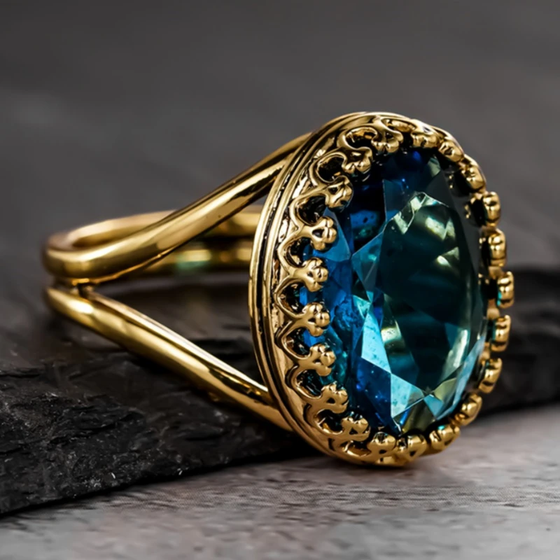 Rounded Blue Sky Crystal Gold Ring