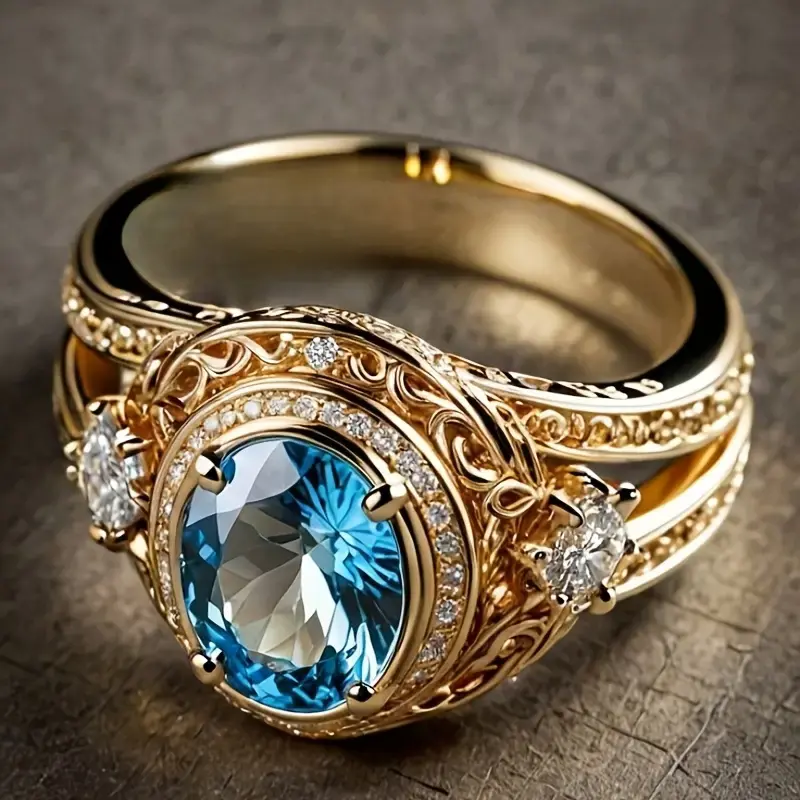 Bright Light Blue Crystal Gold Ring