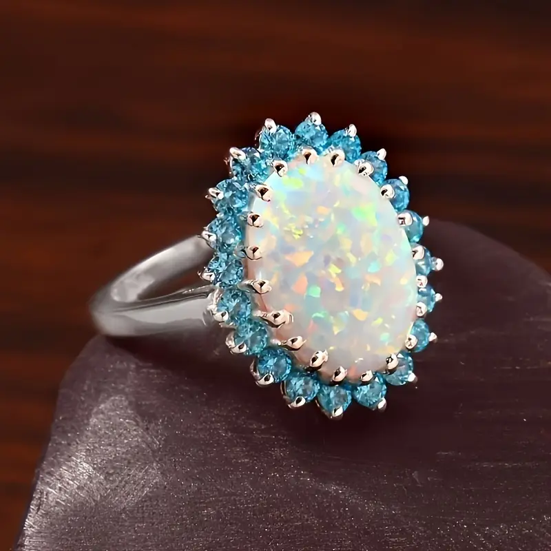 White Opal Blue Crystal Ring
