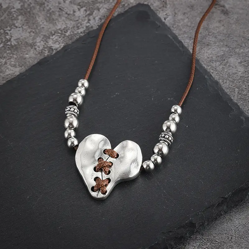 Silvered Heart Leather Necklace