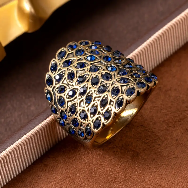 Blue Inlaid Crystals Gold Band Ring