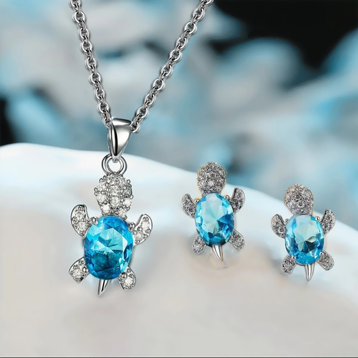 Light Blue Crystal Turtle Necklace + Earrings Set