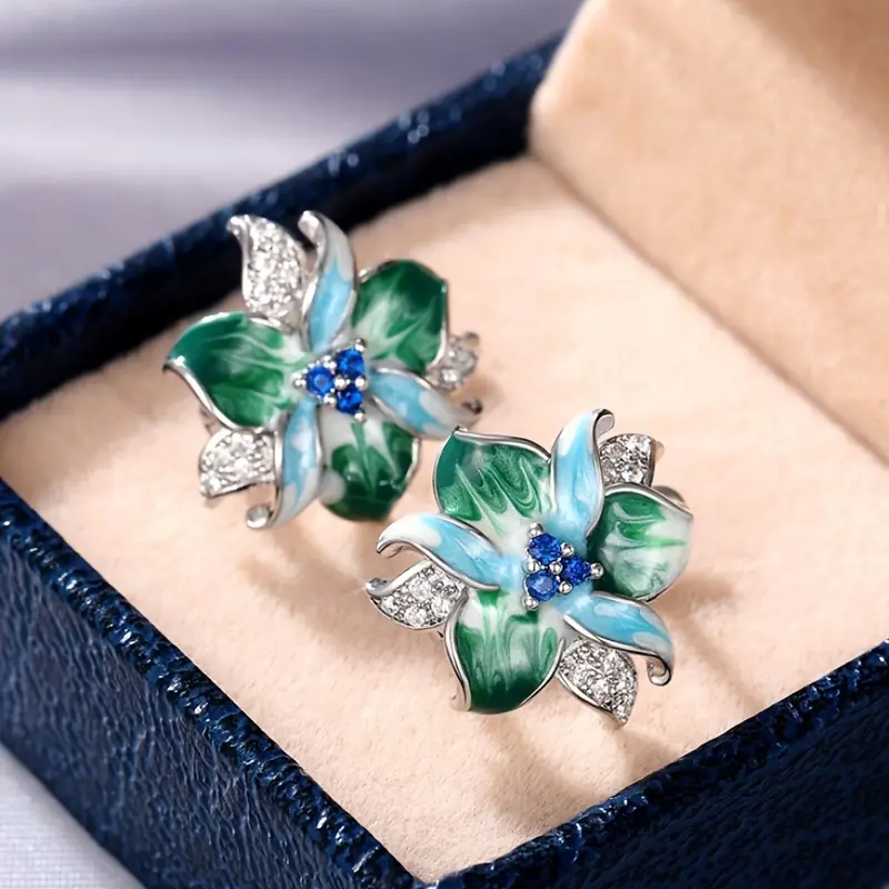 Blue & Green Enamel Floral Earrings