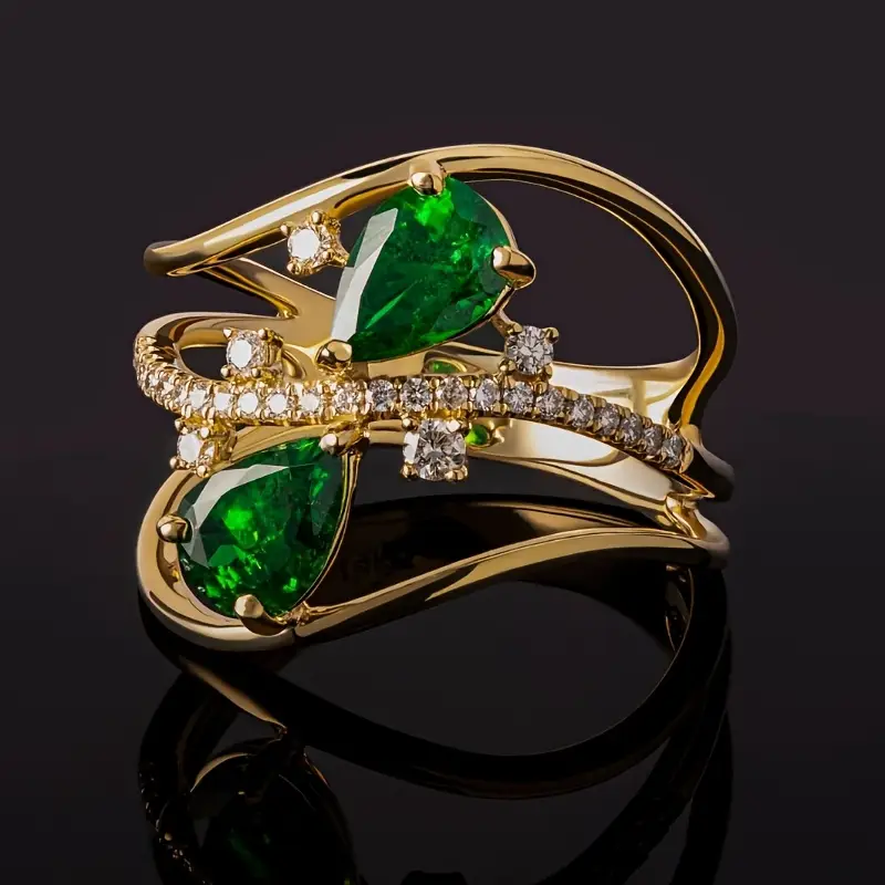 Double Drop Green Crystal Gold Ring