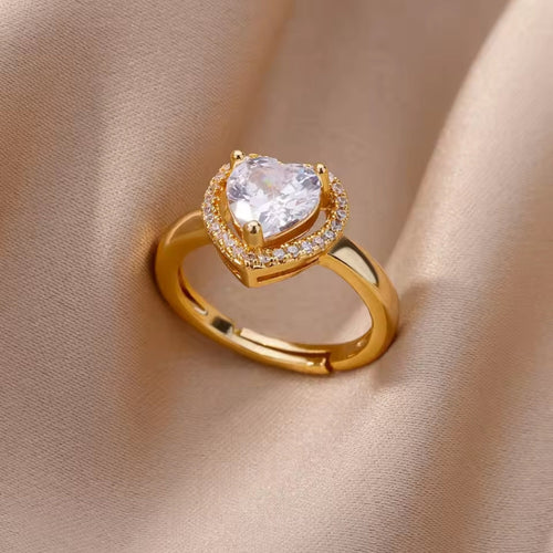White Crystal Heart Gold Ring