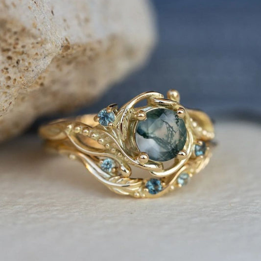 Rounded Moss Agate Nature Stone Golden Ring
