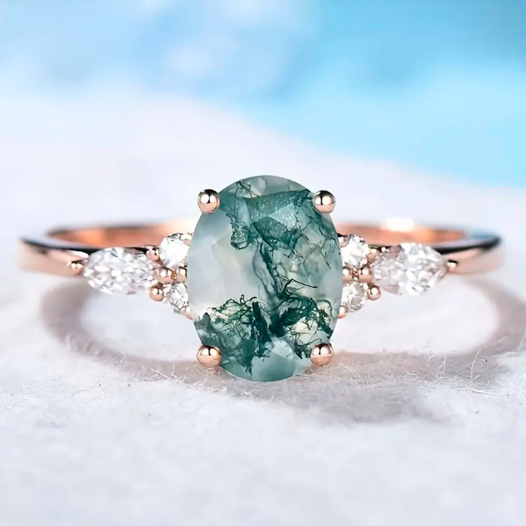 Rounded Moss Agate Zirconia Gold Ring