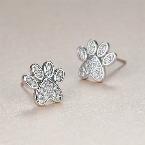 White Zirconia Paw Studs – Heart-Shaped Design