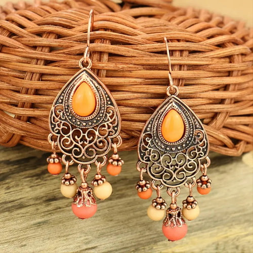 Dangling Mandala Orange Stone Earrings