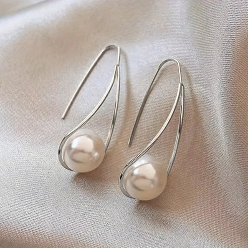 White Dangling Pearl Silver Earrings