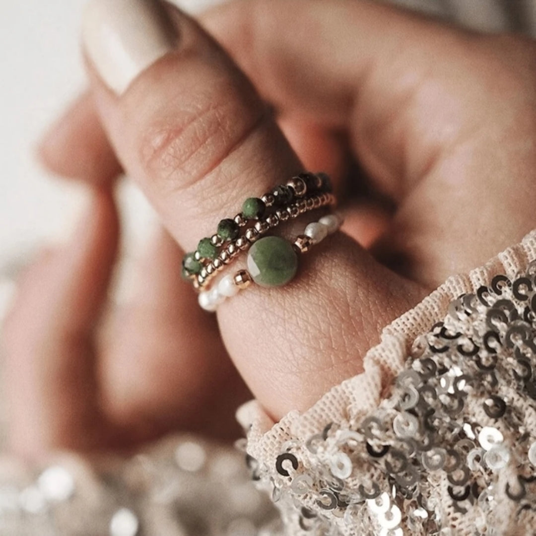 Green Stone & Pearl Ring Set