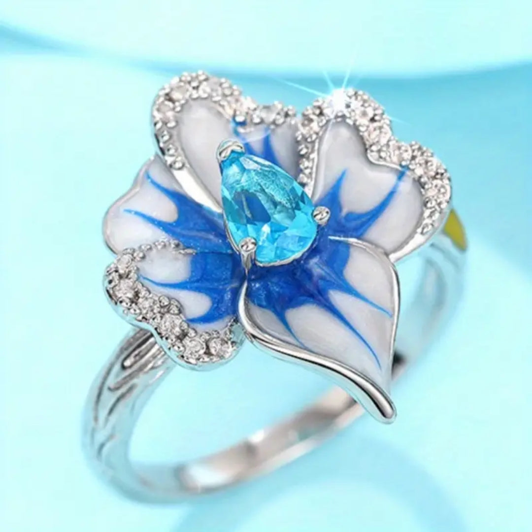 Blue & White Lotus Crystal Ring