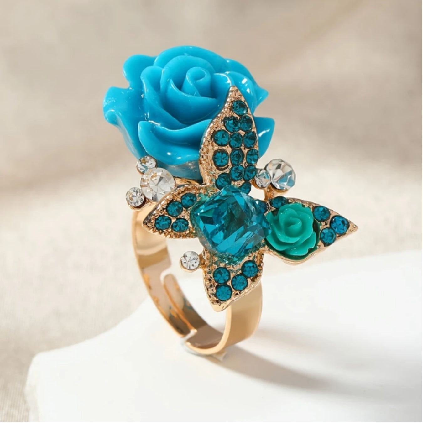 Blue Bright Butterfly Flower Gold Ring