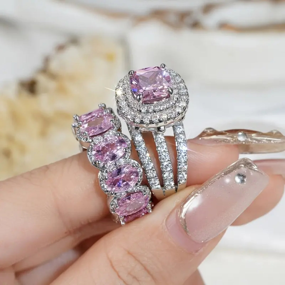 Pink Bright Silver Ring Set