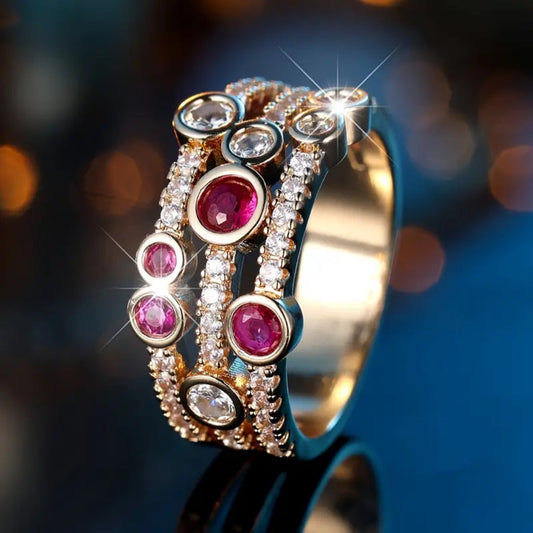 Red Crystal Layered Gold Ring