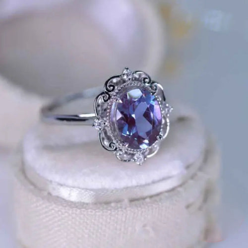 Violet Round Glass Silver Ring