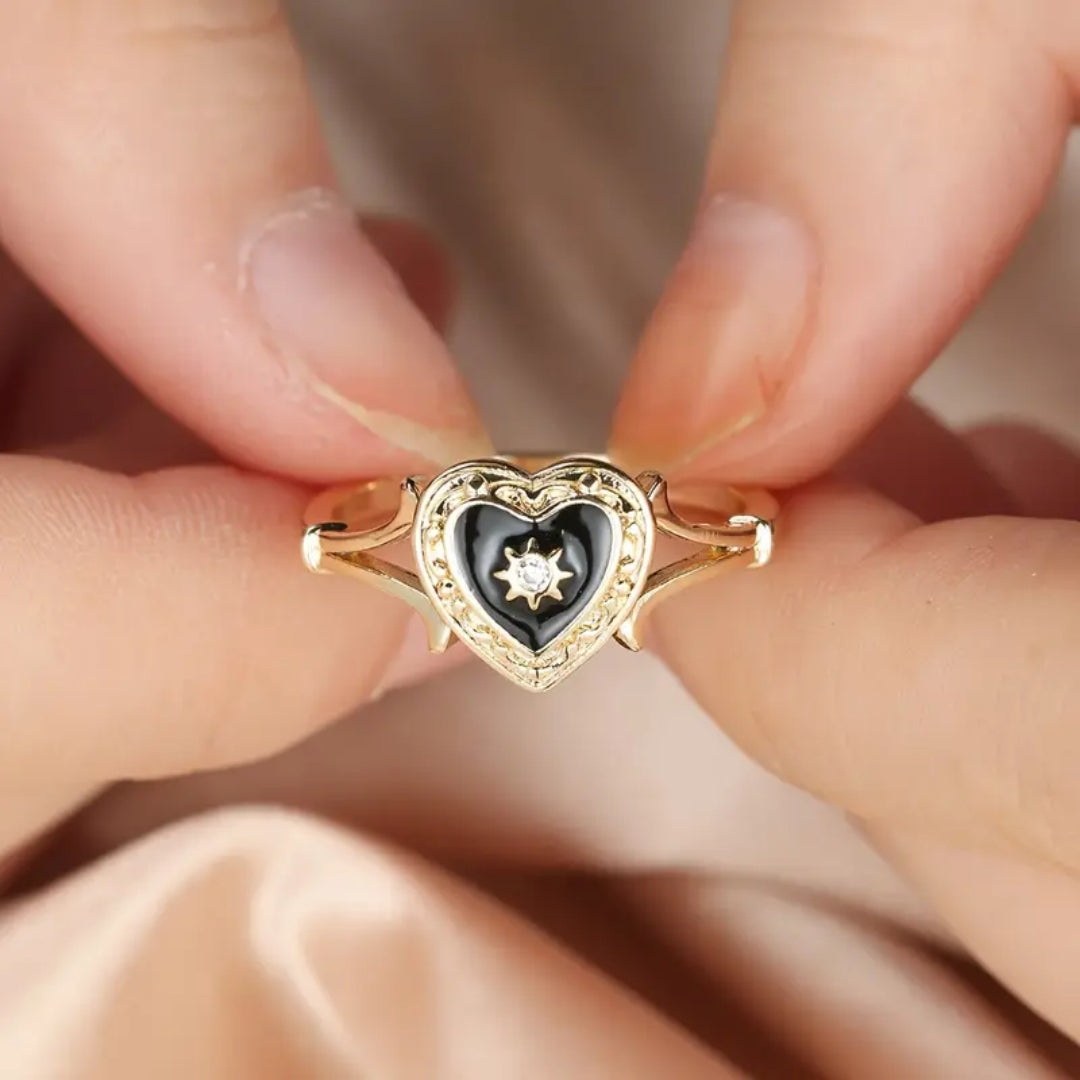 Black Enamel Heart Gold Ring