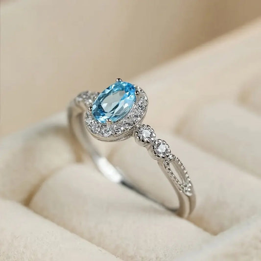 Blue Rounded Inlaid Zirconia Silver Ring