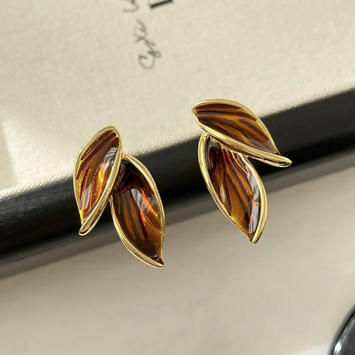 Brown Enamel Leaf Earrings