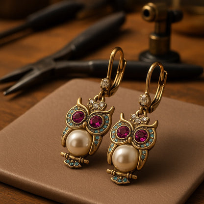 Vintage Owl Crystal Earrings – Gold-Plated, Hand-Set Crystals & Pearl Detail