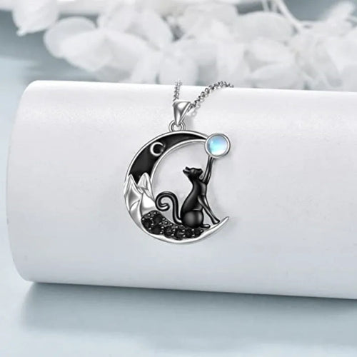Black Cat Moon Crystal Pendant Necklace