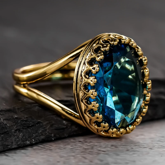 Rounded Blue Sky Crystal Gold Ring
