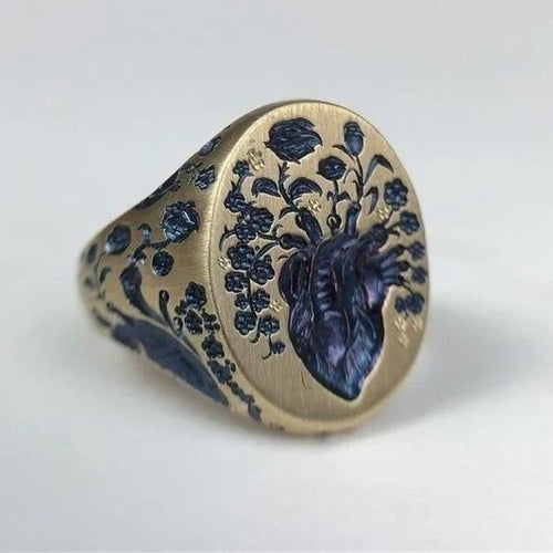 Vintage Blue Floral Seal Gold Ring