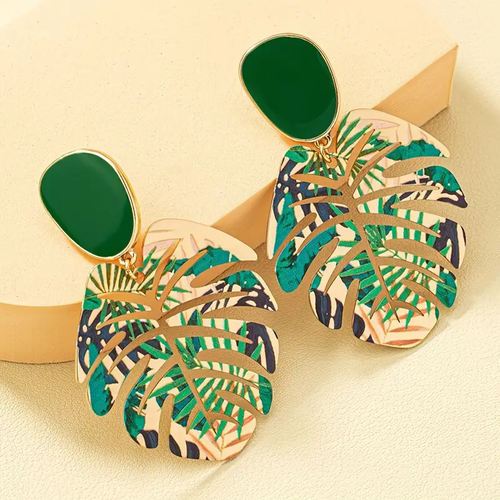Green Jungle Gold Leaf Earrings