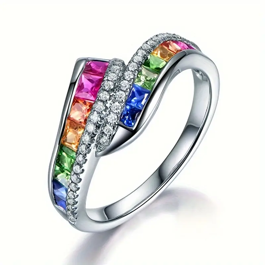 Colorful Inlaid Crystals Silver Ring