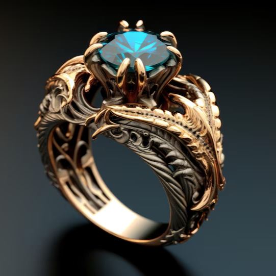 Vintage Exotic Golden Leaf Blue Zirconia Ring