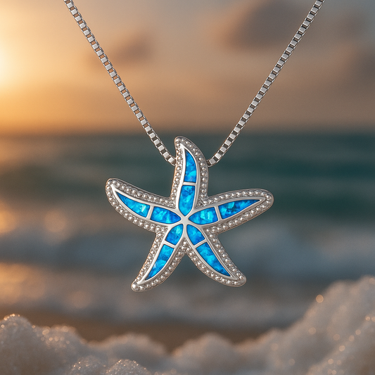 Blue Bright Starfish Opal Silver Necklace