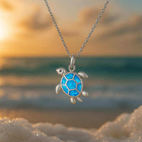 Blue Opal Turtle Silver Necklace