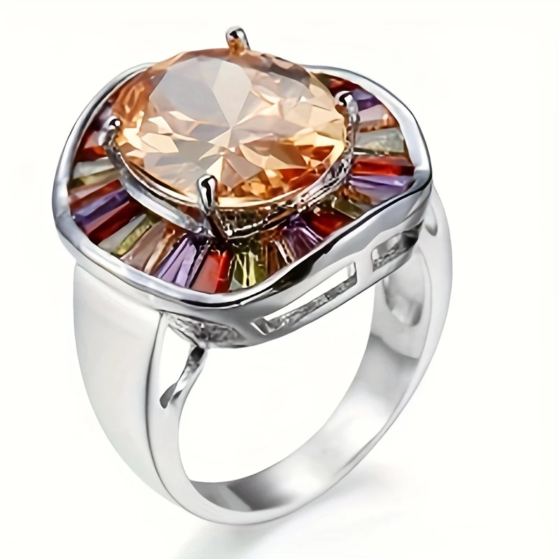 Colorful Inlaid Crystals Rounded Silver Ring