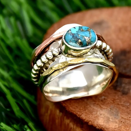 Blue Inlaid Stone Silvered Beads Ring