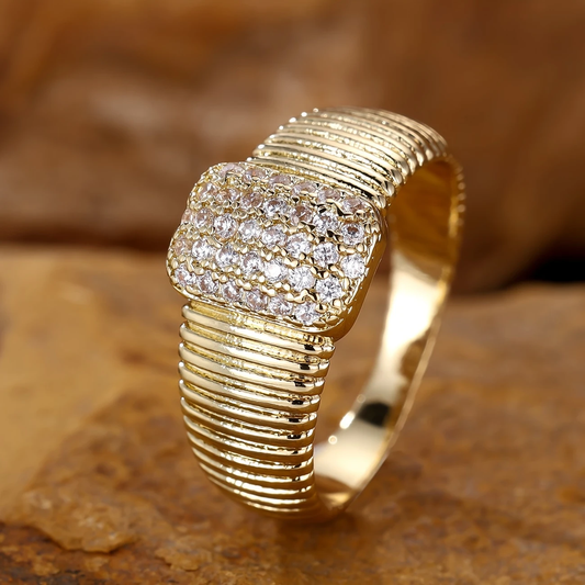 Bright Rectangular Gold Forged Ring