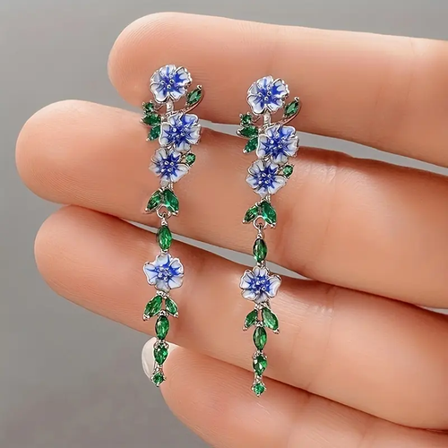 Blue & Green Dangling Floral Earrings