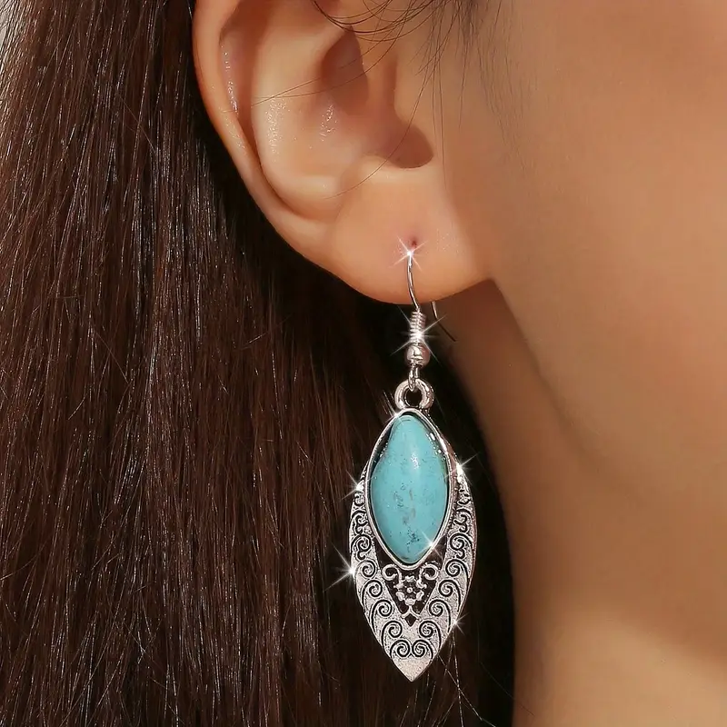 Dangling Blue Stone Bright Silvered Earrings