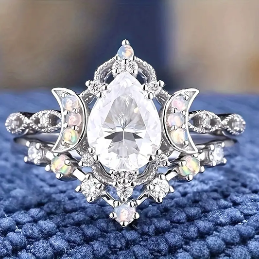 White Drop Glass Silver Ring