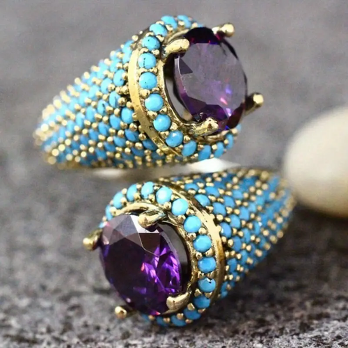 Adjustable Inlaid Blue Stones Purple Crystal Ring
