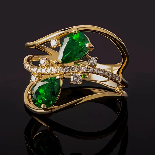 Double Drop Green Crystal Gold Ring