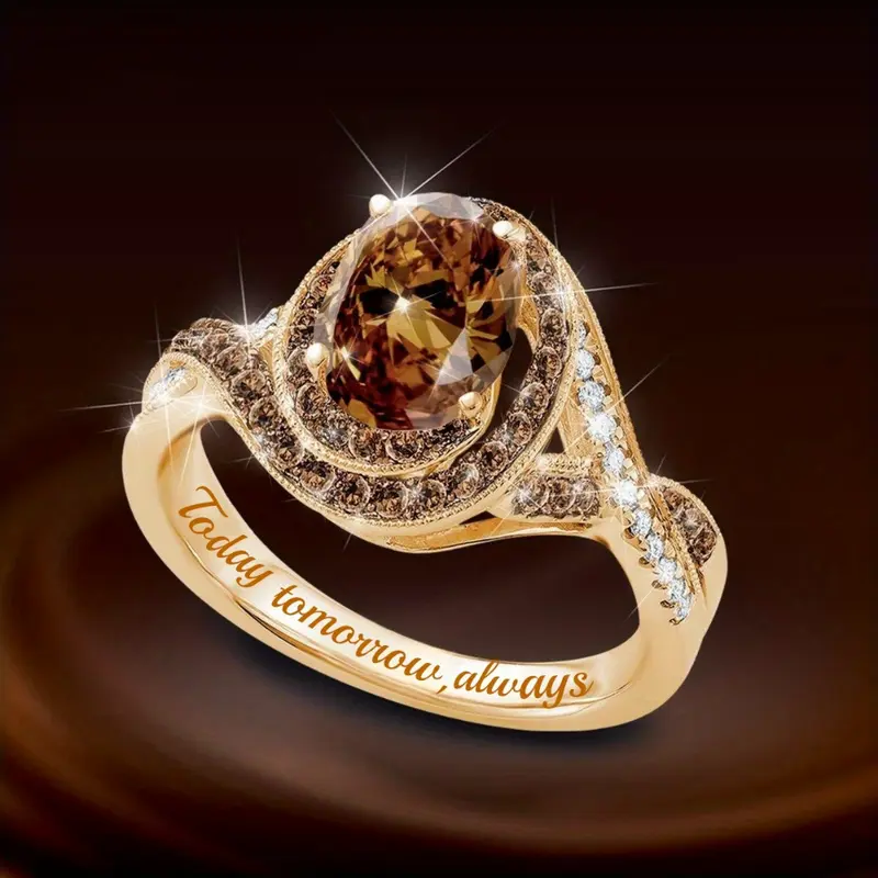 Rounded Oval Orange Glass Zirconia Golden Ring