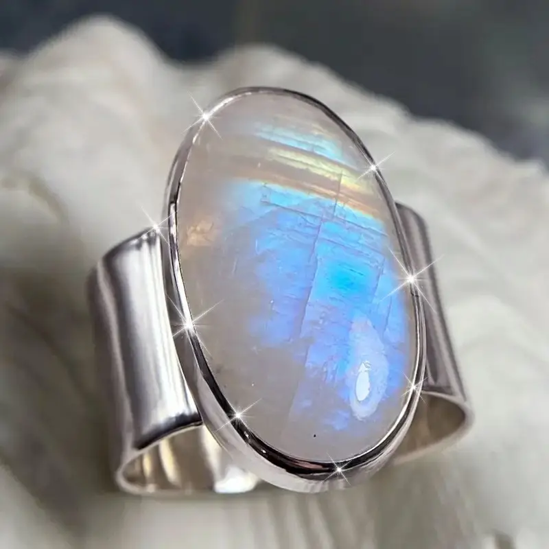 White Oval Moonstone Silver Ring