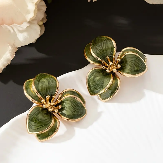 Vintage Green Handpainted Flower Earrings