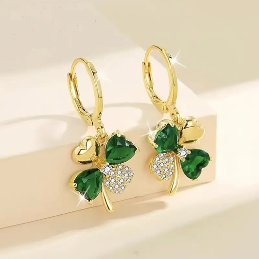 Vintage Green Zirconia Flower Gold Earrings