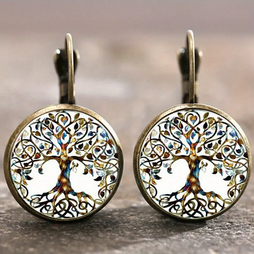 Vintage White Rounded Tree of Life Earrings