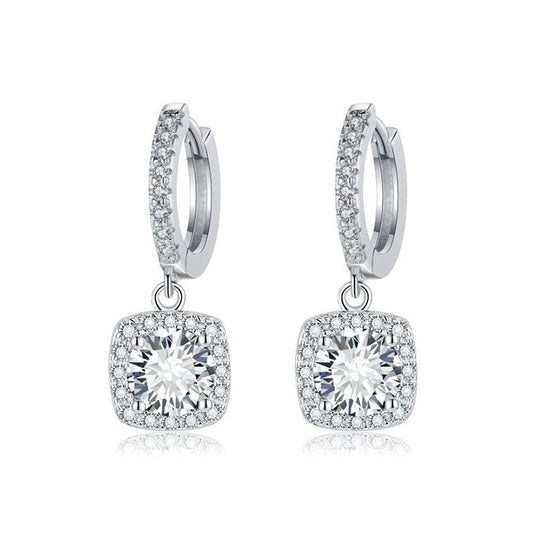 Square Halo Moissanite Drop Earrings | White Gold 16k