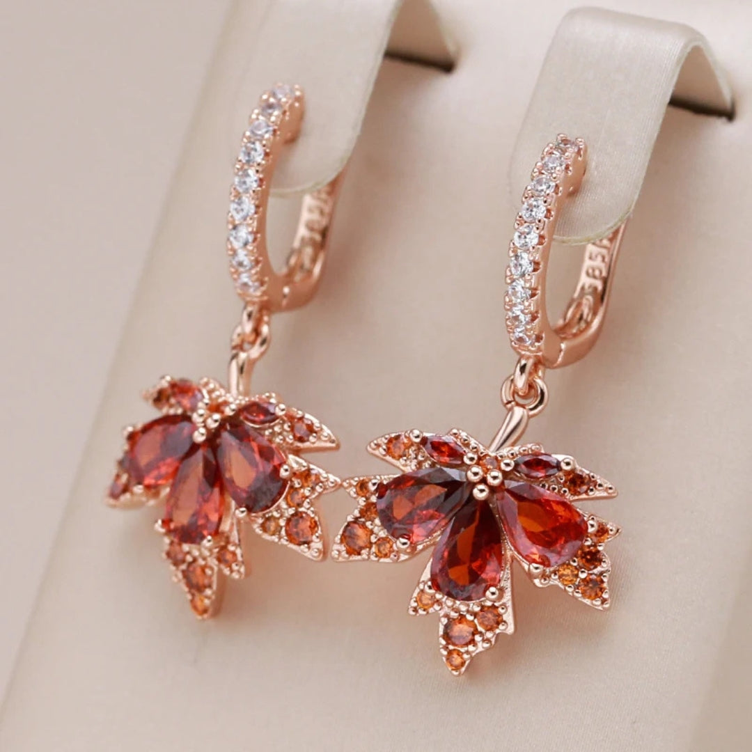 Elegant Red Leaf Crystal Earrings